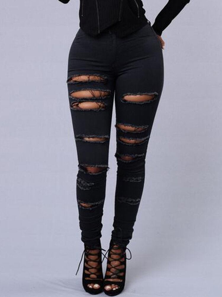 Kvinder Casual Skinny Random Ripped Solid Jeans Til Kvinder