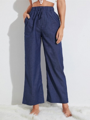 Kvinder Ensfarvet Snoretræk Jeans Med Mellemtalje Casual Bukser Med Brede Ben Og Lomme