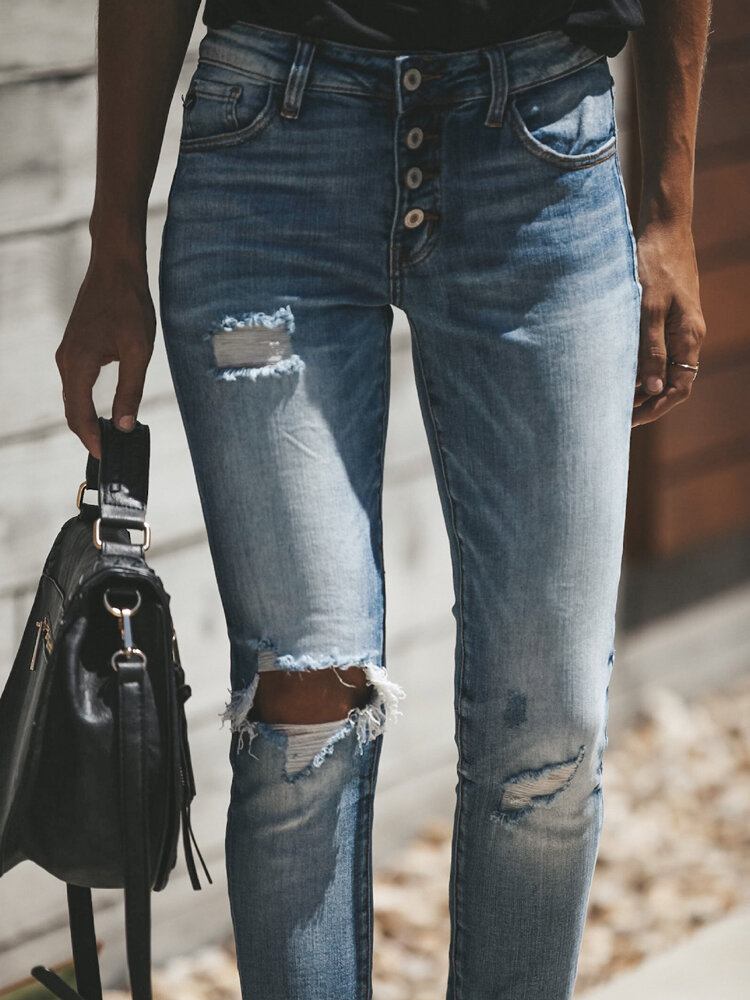 Kvinder Fritid Knap Udhulet Rippet Work Daily Casual Jeans