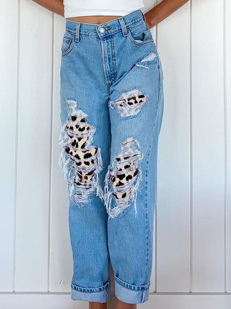 Kvinder Ripped Leopard Flosset Distressed Stiv Midtalje Casual Jeans