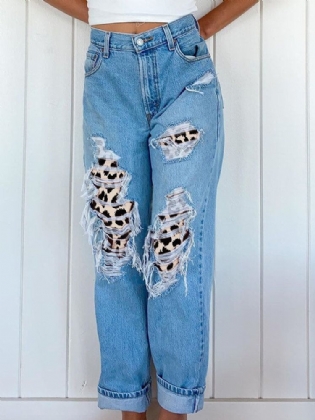 Kvinder Ripped Leopard Flosset Distressed Stiv Midtalje Casual Jeans