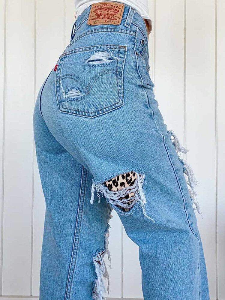 Kvinder Ripped Leopard Flosset Distressed Stiv Midtalje Casual Jeans