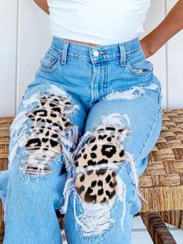 Kvinder Ripped Leopard Flosset Distressed Stiv Midtalje Casual Jeans