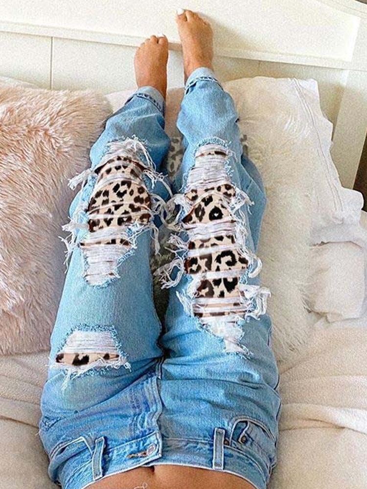 Kvinder Ripped Leopard Flosset Distressed Stiv Midtalje Casual Jeans