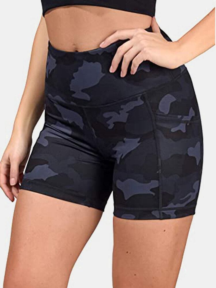 Dame Camouflage Fitness Workout Biker Shorts Med Lomme