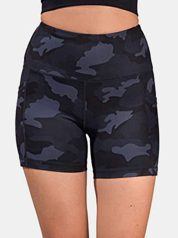 Dame Camouflage Fitness Workout Biker Shorts Med Lomme