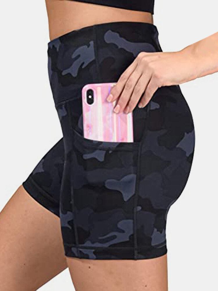 Dame Camouflage Fitness Workout Biker Shorts Med Lomme