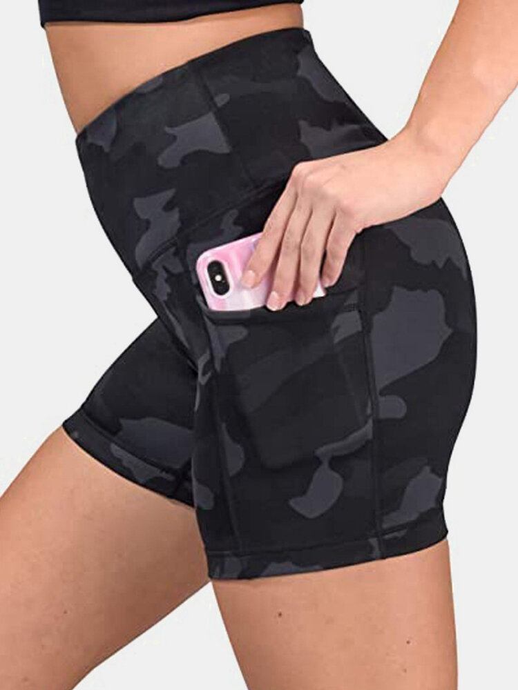 Dame Camouflage Fitness Workout Biker Shorts Med Lomme