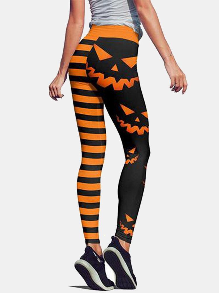 Halloween Kvinder Græskar Stripe Print Højtaljet Hofteløftende Sportsbukser