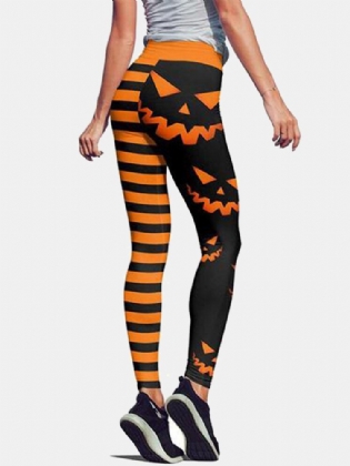 Halloween Kvinder Græskar Stripe Print Højtaljet Hofteløftende Sportsbukser