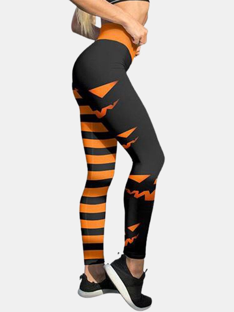 Halloween Kvinder Græskar Stripe Print Højtaljet Hofteløftende Sportsbukser