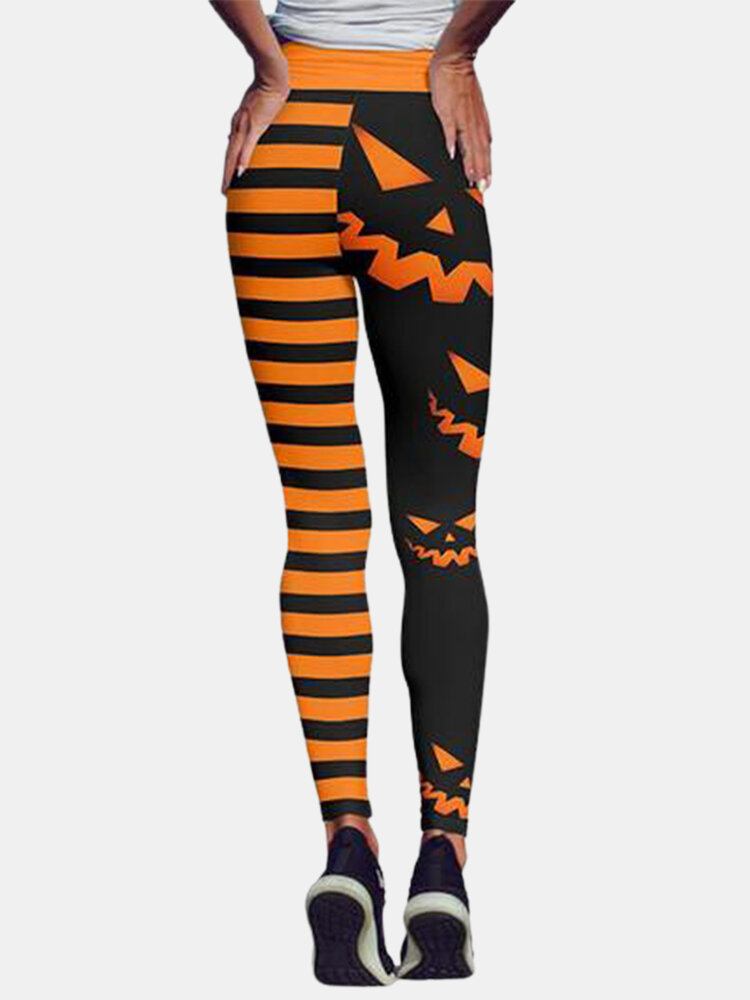 Halloween Kvinder Græskar Stripe Print Højtaljet Hofteløftende Sportsbukser