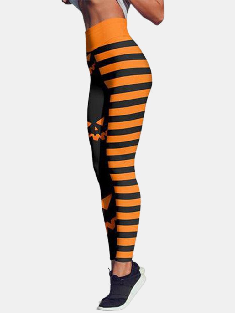 Halloween Kvinder Græskar Stripe Print Højtaljet Hofteløftende Sportsbukser