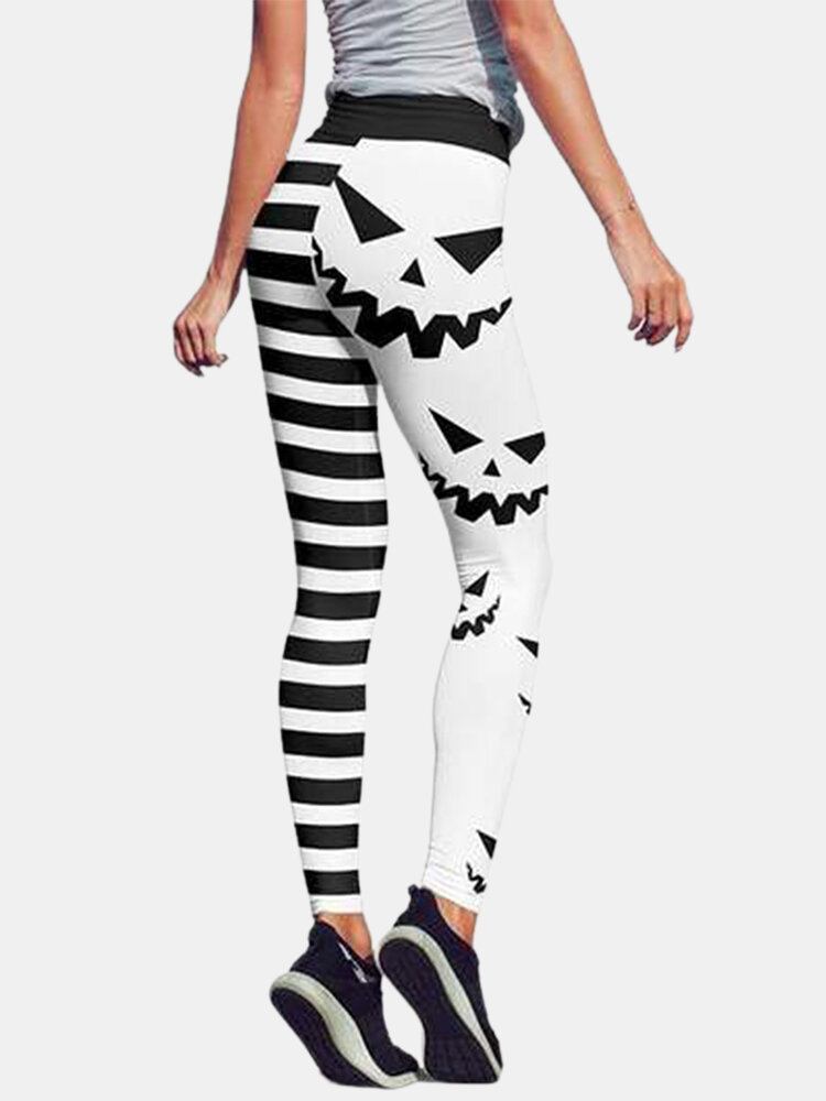 Halloween Kvinder Græskar Stripe Print Højtaljet Hofteløftende Sportsbukser