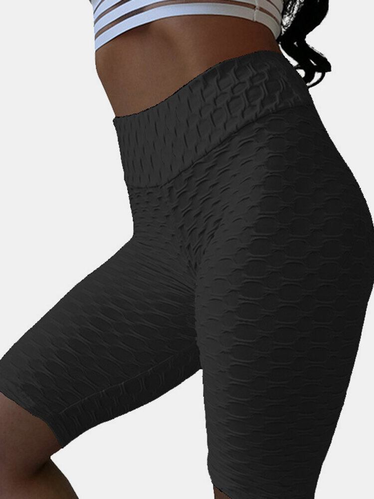 Kvinder Ensfarvet Jacquard Sports Yoga Shorts Med Høj Talje