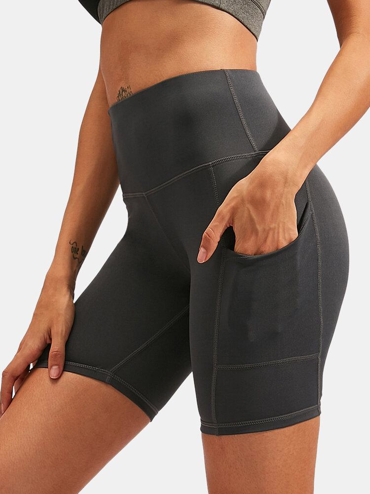 Kvinder Ensfarvet Quick Dry Yoga Sport Høje Elastiske Shorts Med Sidelomme