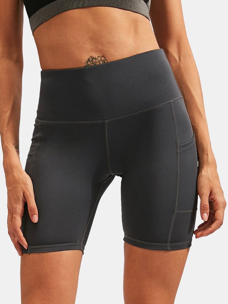 Kvinder Ensfarvet Quick Dry Yoga Sport Høje Elastiske Shorts Med Sidelomme