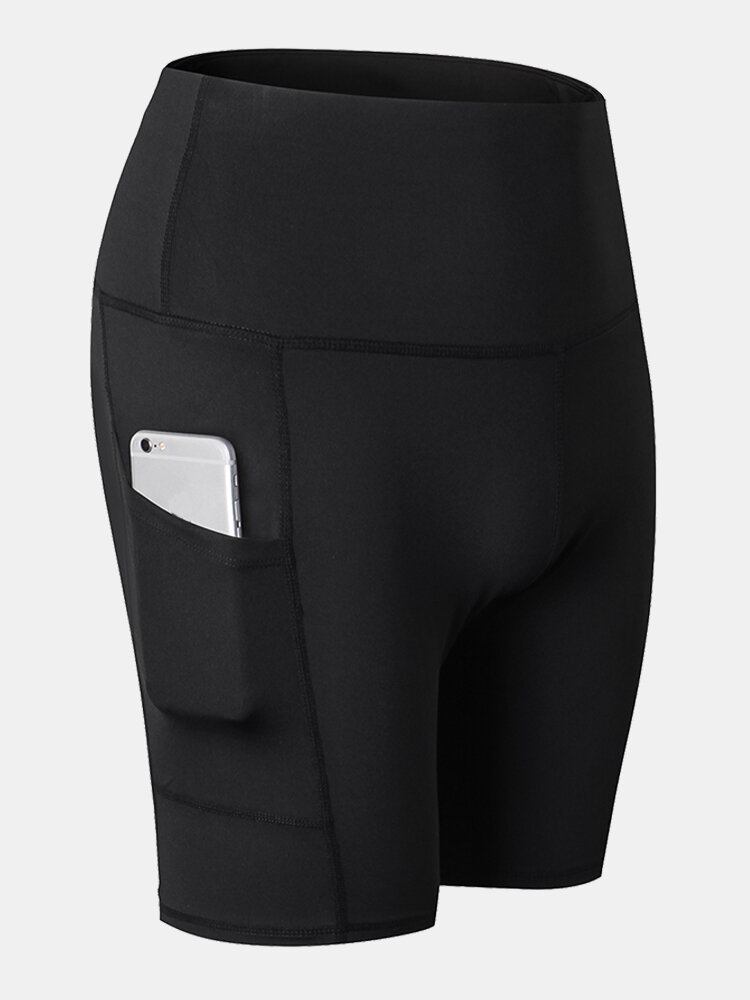 Kvinder Ensfarvet Quick Dry Yoga Sport Høje Elastiske Shorts Med Sidelomme