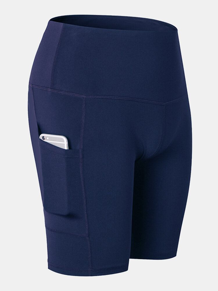 Kvinder Ensfarvet Quick Dry Yoga Sport Høje Elastiske Shorts Med Sidelomme