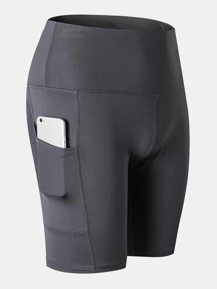 Kvinder Ensfarvet Quick Dry Yoga Sport Høje Elastiske Shorts Med Sidelomme