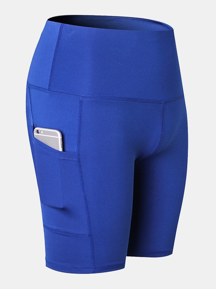 Kvinder Ensfarvet Quick Dry Yoga Sport Høje Elastiske Shorts Med Sidelomme