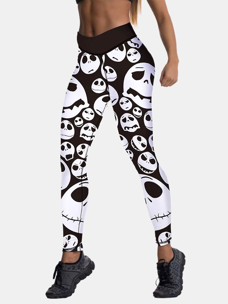 Kvinder Halloween Style Skelet Print Hofteløftning Sport Højtalje Slim Pants