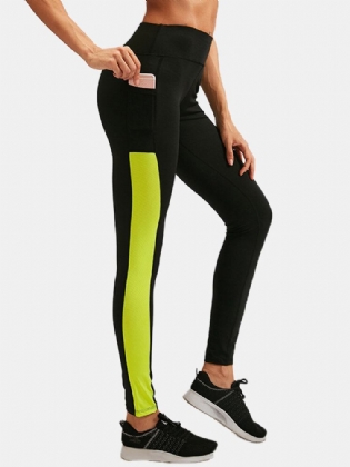 Kvinder Kontrastfarve Hurtigtørrende Fugttransporterende Lomme Sport Højtaljede Bukser