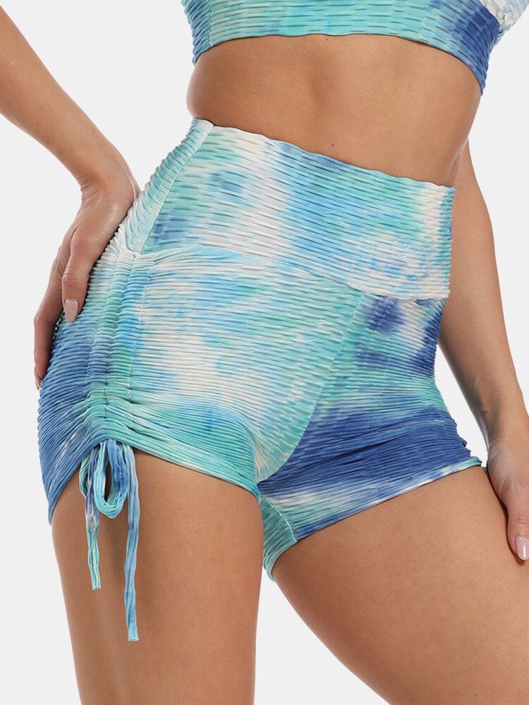 Kvinder Tie Dye Jacquard Sidesnøre Yoga Soprt Shorts Med Høj Talje