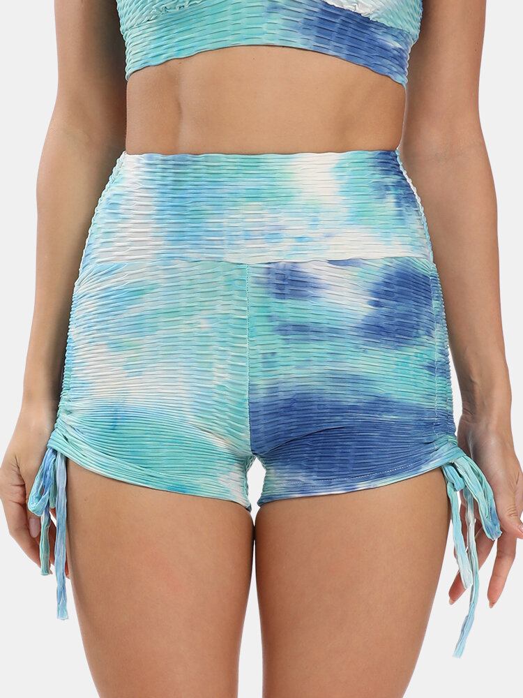 Kvinder Tie Dye Jacquard Sidesnøre Yoga Soprt Shorts Med Høj Talje