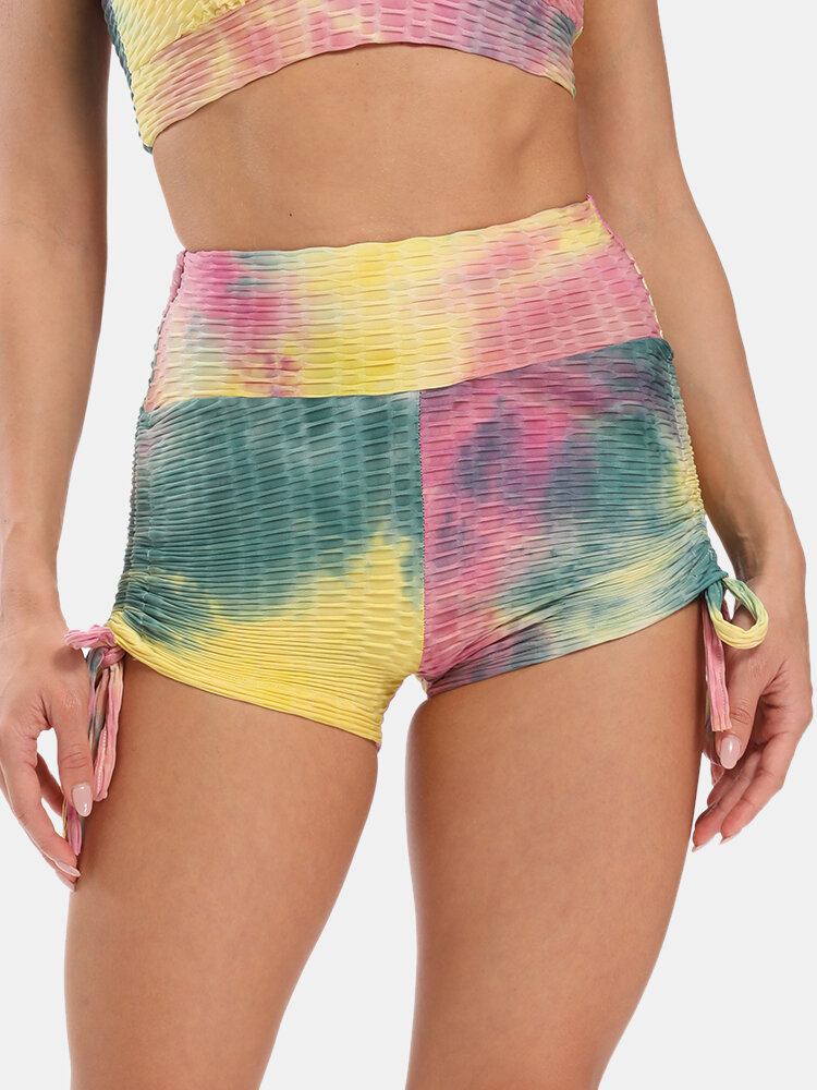 Kvinder Tie Dye Jacquard Sidesnøre Yoga Soprt Shorts Med Høj Talje