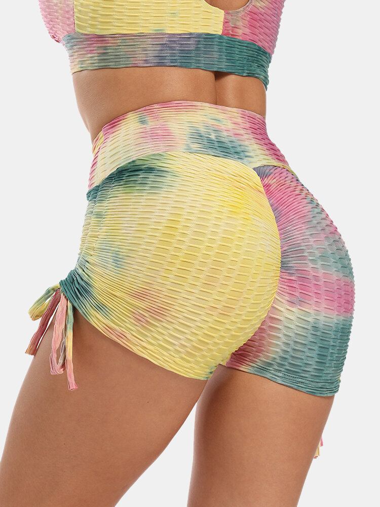 Kvinder Tie Dye Jacquard Sidesnøre Yoga Soprt Shorts Med Høj Talje