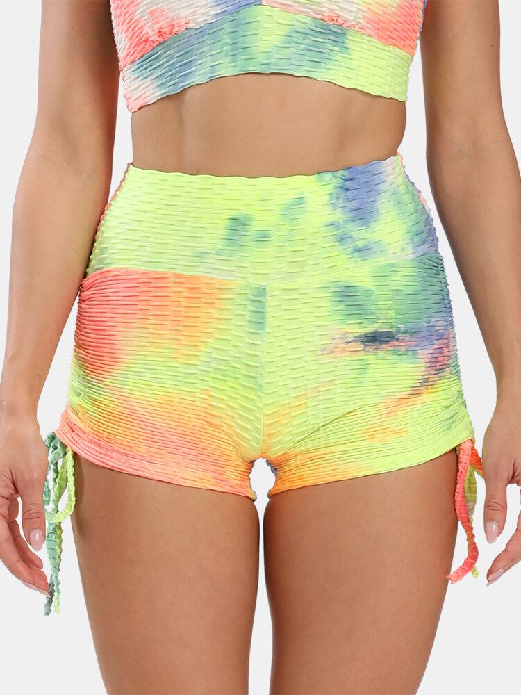 Kvinder Tie Dye Jacquard Sidesnøre Yoga Soprt Shorts Med Høj Talje