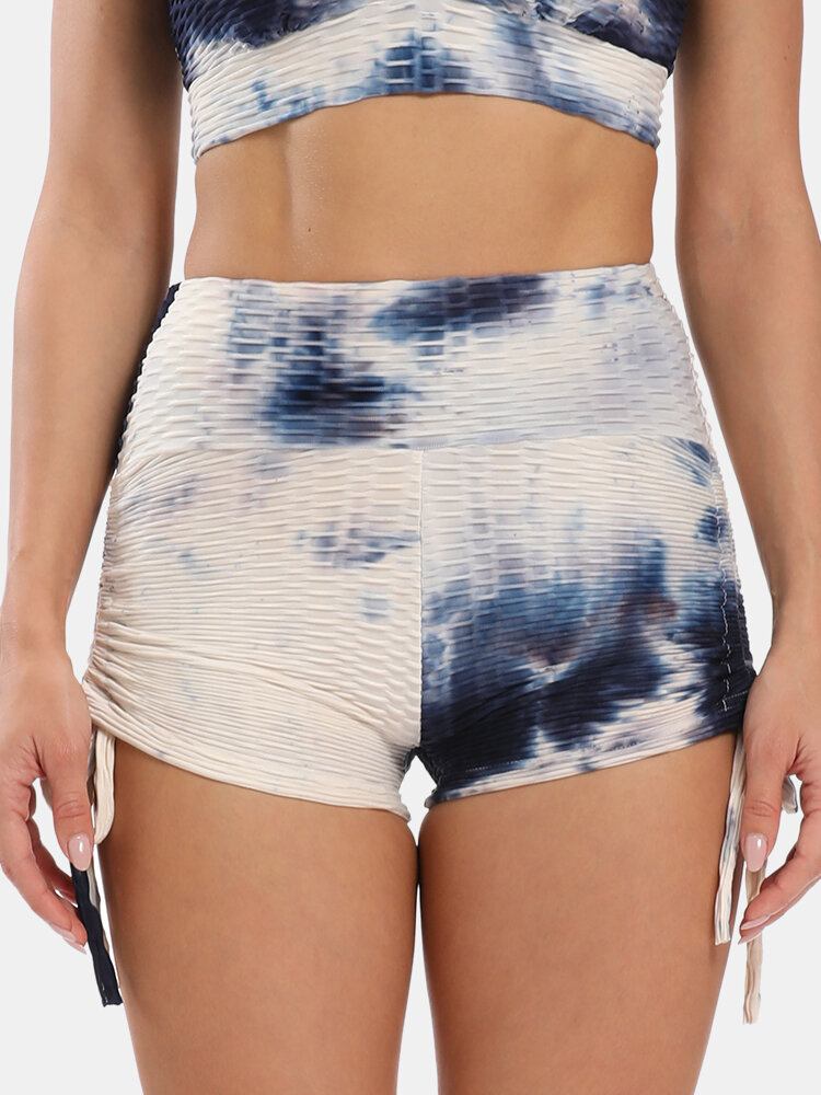 Kvinder Tie Dye Jacquard Sidesnøre Yoga Soprt Shorts Med Høj Talje