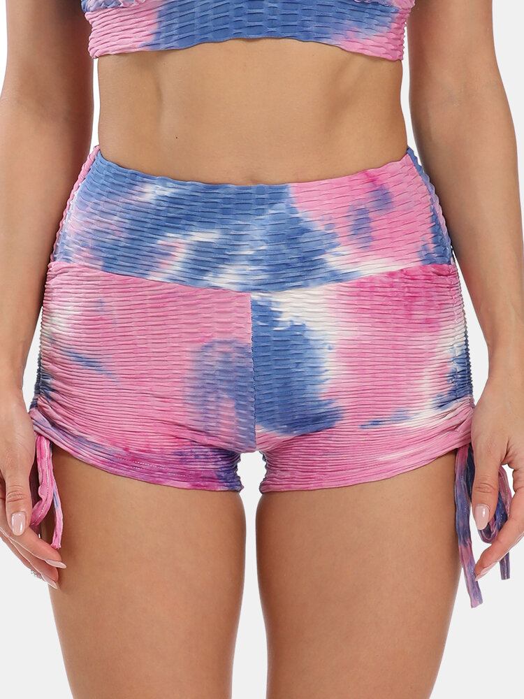 Kvinder Tie Dye Jacquard Sidesnøre Yoga Soprt Shorts Med Høj Talje