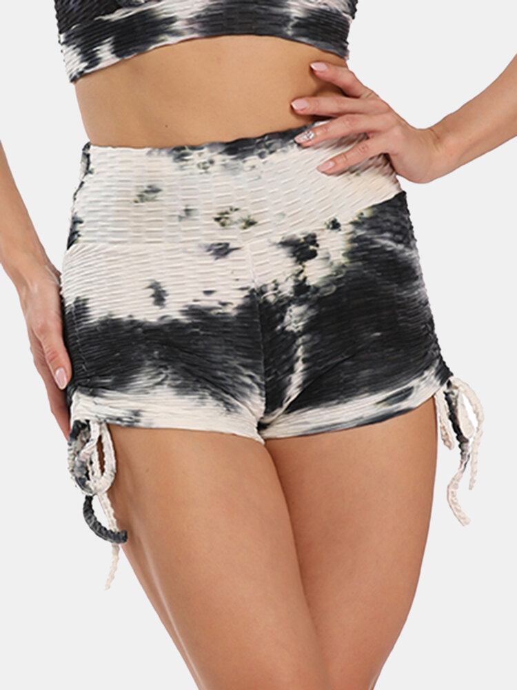 Kvinder Tie Dye Jacquard Sidesnøre Yoga Soprt Shorts Med Høj Talje