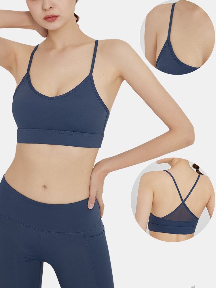 Kvinder Trådløs Solid Color Quick Dry Beauty Back Cross-cross Sport Yoga Bh