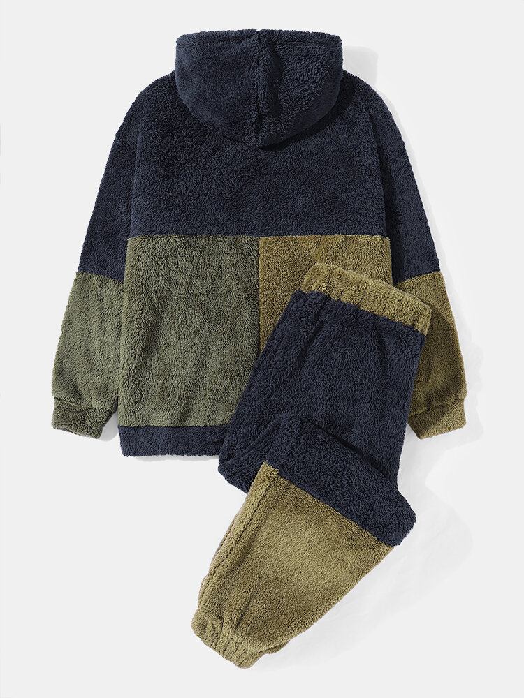 Mænd Fleece Patchwork Kontrast Farve Blok Snøre Snøre Hætte Sæt I To Dele