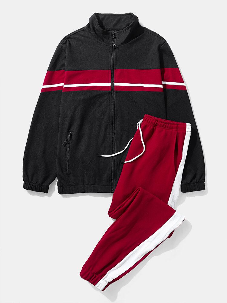 Mænd Patchwork Zip Jakker Sports Activewear Sæt Med Side Stripe Joggers Todelt Jakkesæt