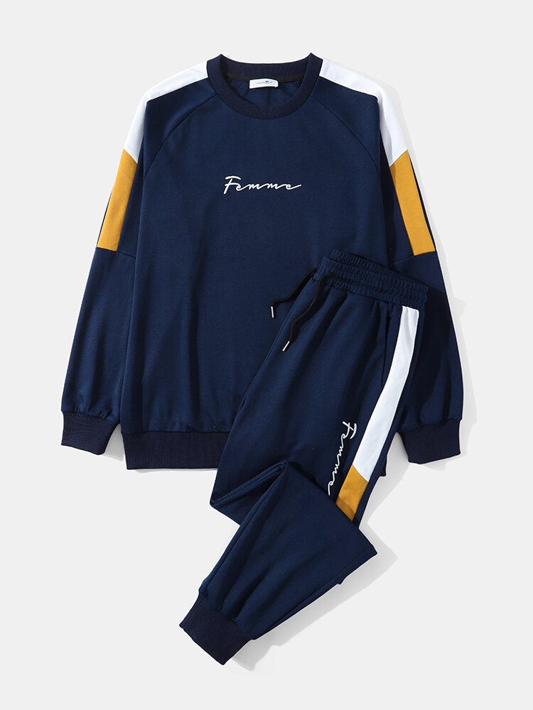 Mænd Preppy Sports Splejsning Brev Broderi Navy Dragter