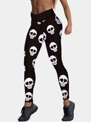 Sport Kvinder Halloween Skeleton Print Højtaljet Hofteløftende Sportsbukser