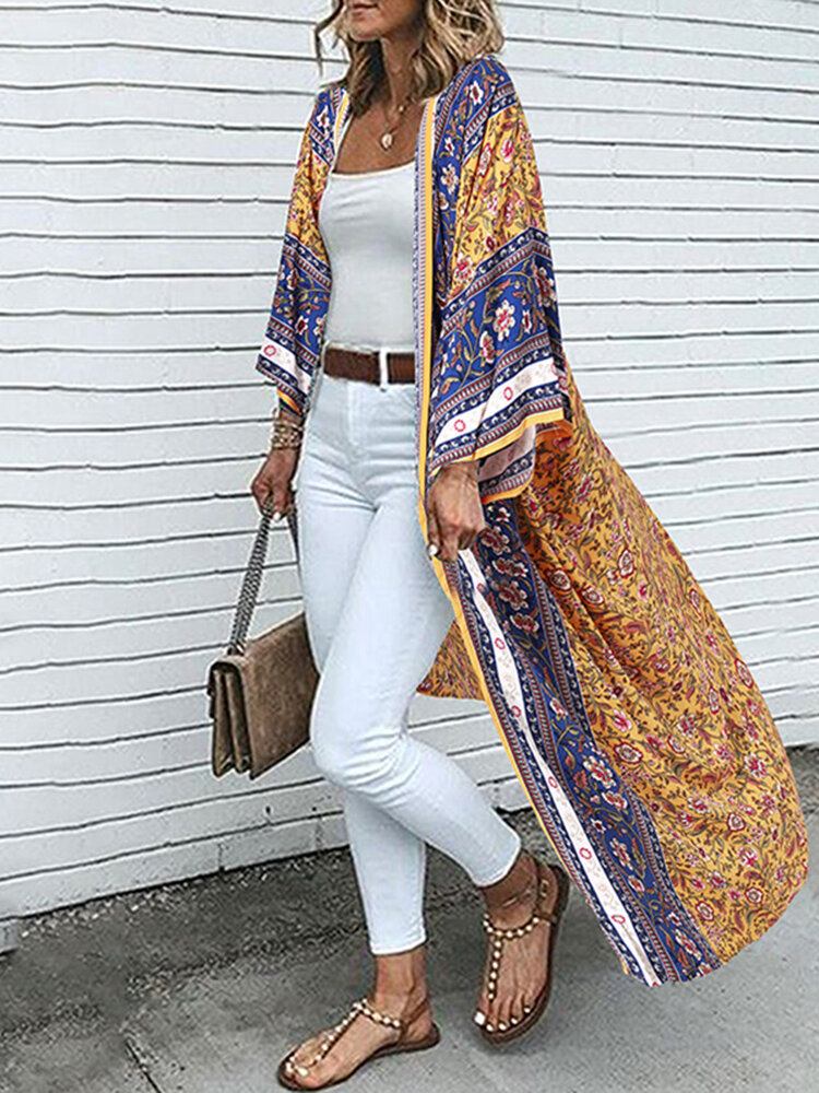 Bohemian Floral Print Løs Åben Front Langærmet Cardigan