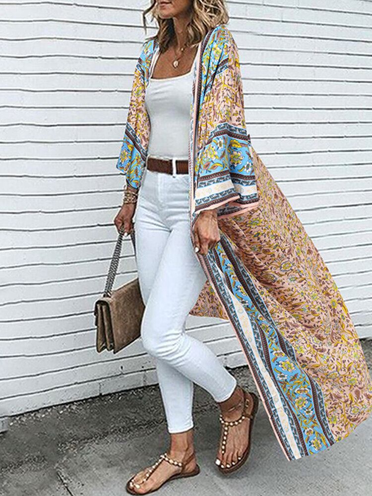 Bohemian Floral Print Løs Åben Front Langærmet Cardigan