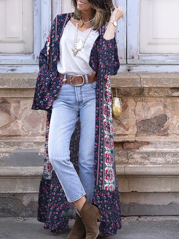 Bohemian Holiday Floral Print Bell Long Sleeve Cardigan Med Åben Front