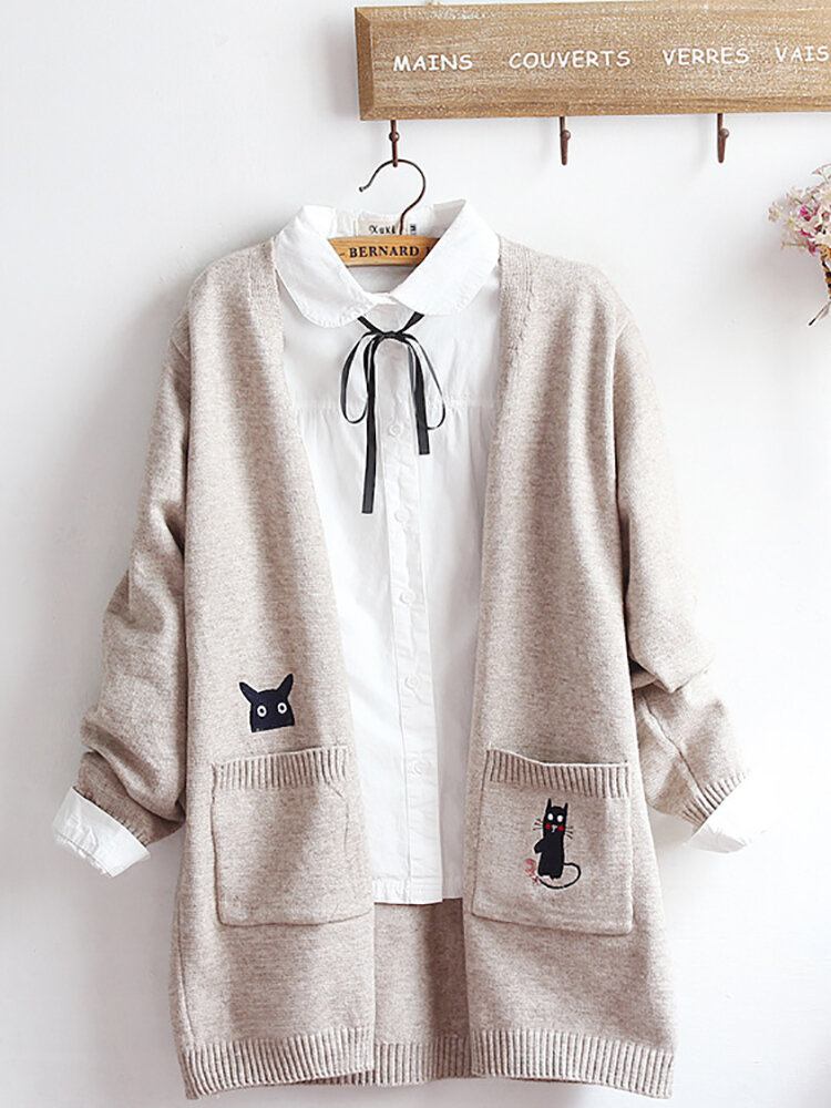 Broderi Cat Strik Long Sweater Cardigans