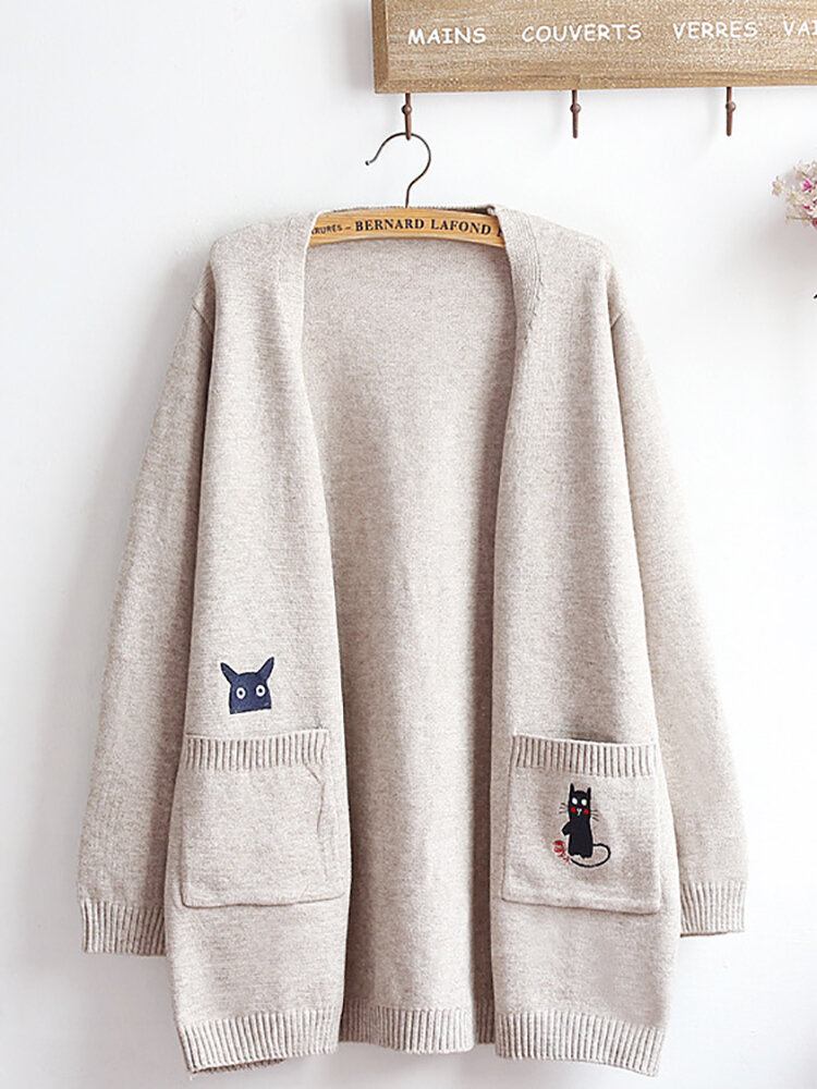 Broderi Cat Strik Long Sweater Cardigans