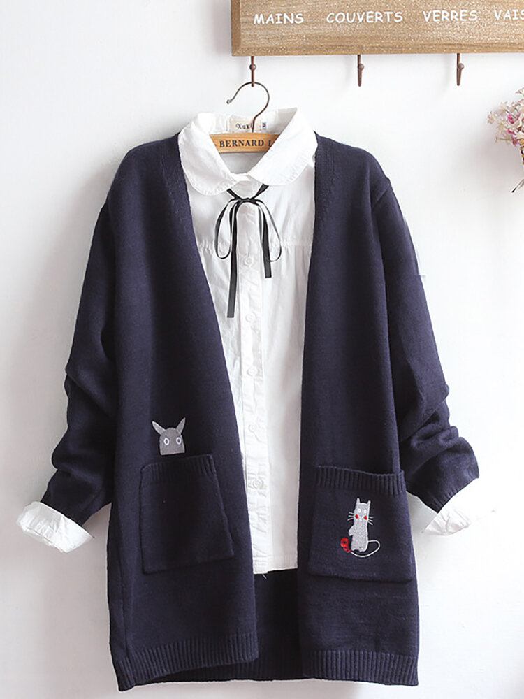 Broderi Cat Strik Long Sweater Cardigans