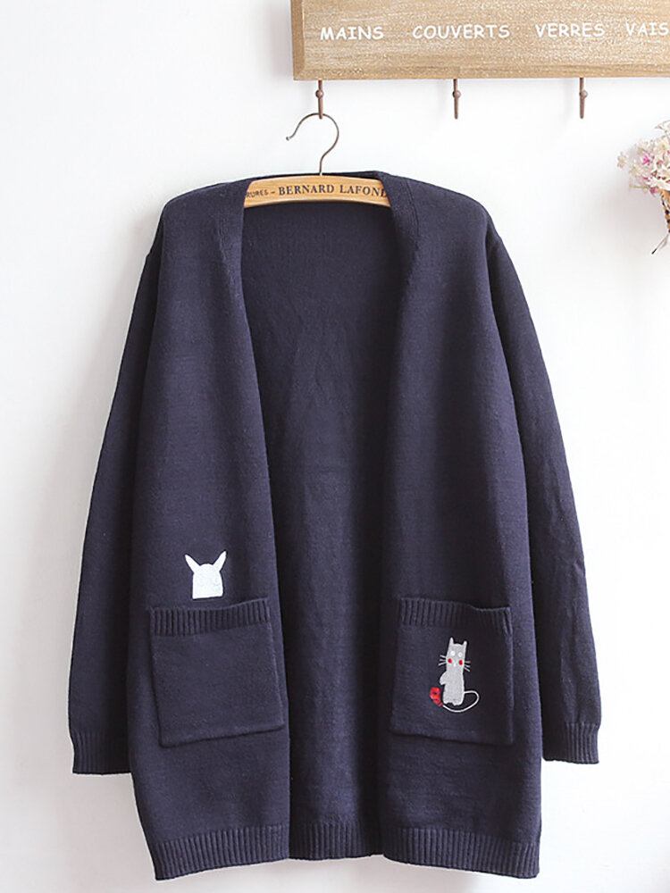 Broderi Cat Strik Long Sweater Cardigans