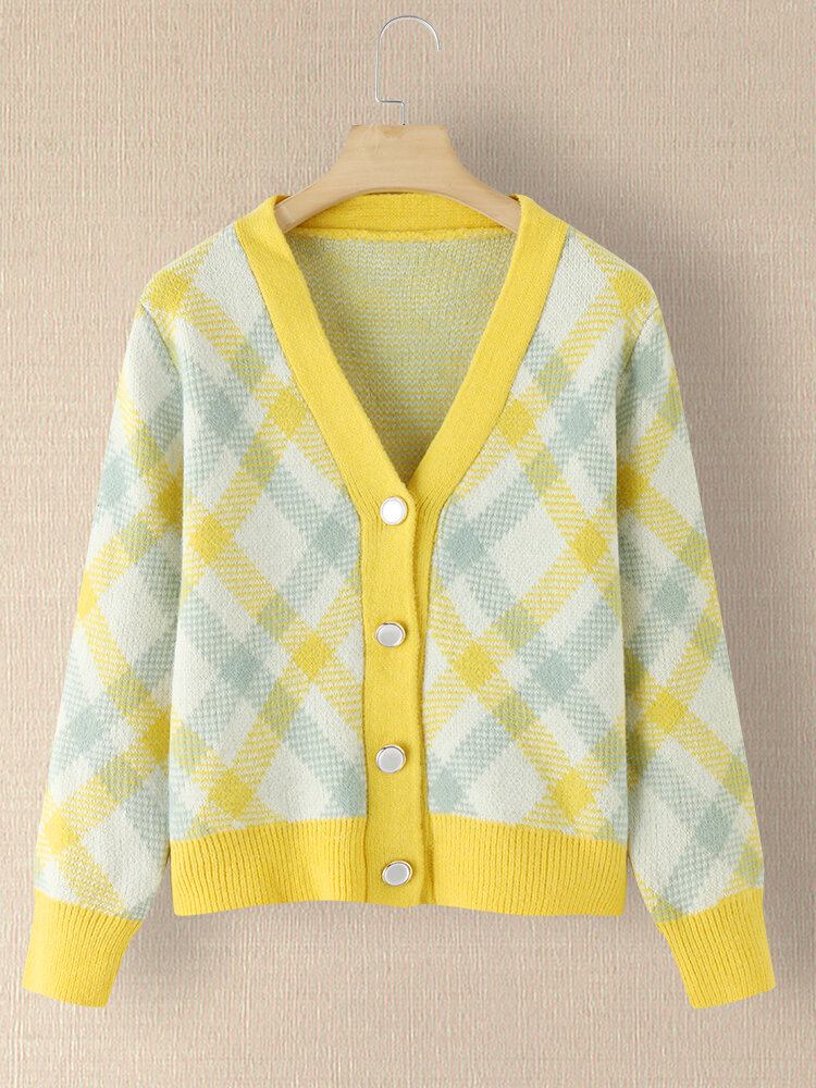 Dame Plaid V-hals Strikket Elastisk Manchet Color Block Cardigan