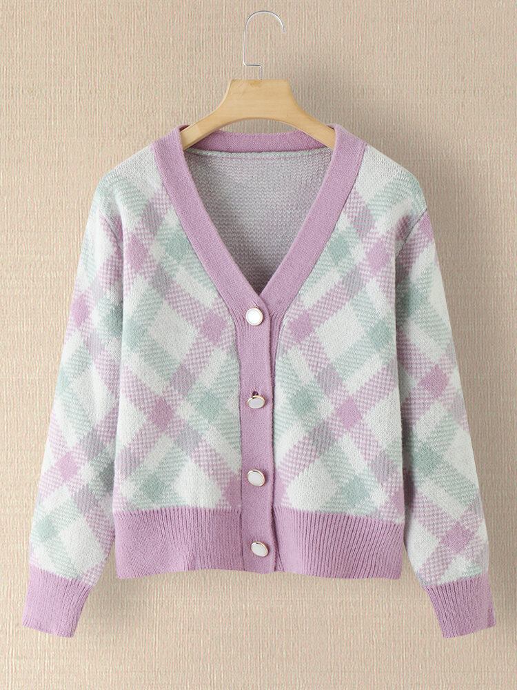 Dame Plaid V-hals Strikket Elastisk Manchet Color Block Cardigan