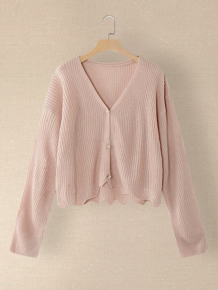 Dame Solid Simple Mild Pink Uregelmæssig Hem Daily Wear Strikket Cardigan